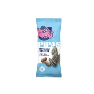 Clásica bolsa de color rosa con el dibujo de un elefante, llena de pipas de girasol tostadas de tamaño pequeño