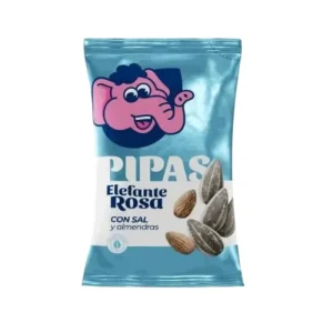 Bolsa de 120 gramos de pipas de girasol tostadas con sal de la marca Elefante Rosa, snack clásico español de alta calidad.