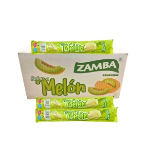 Envase alargado de polo flash líquido con un refrescante sabor a melón de la marca Zamba, listo para congelar.