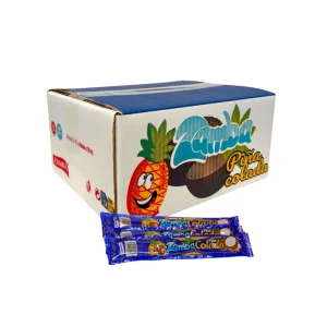 Envase alargado de polo flash líquido con el exótico sabor tropical de piña colada de la marca Zamba, listo para congelar