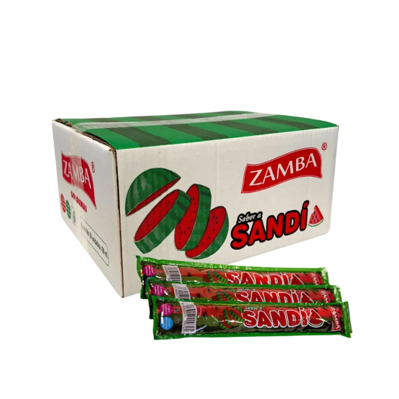 Envase alargado de polo flash líquido con un refrescante y dulce sabor a sandía de la marca Zamba, listo para congelar