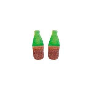 Gominolas brillantes con la forma clásica de una botella de refresco en tonos marrones y transparentes sabor cola