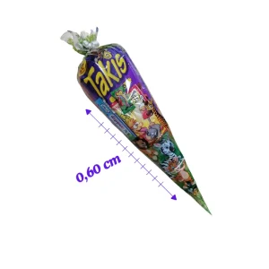 Cono mediano de 60 cm de largo relleno de chuches y snacks, decorado con dibujos de animales de la selva para fiestas infantiles y cumpleaños