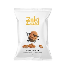 Paquete de cacahuetes Zaki Taki recubiertos de maíz crujiente con sabor a jengibre, snack exótico y aromático para aperitivos gourmet.
