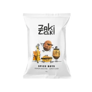 Paquete de cacahuetes Zaki Taki Spice, recubiertos de maíz crujiente con sabor picante y especiado, ideal para aperitivos intensos.