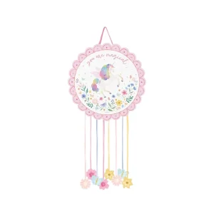 Piñata circular de unicornio mágico con colores pastel, 42 cm de diámetro, ideal para fiestas infantiles temáticas de fantasía