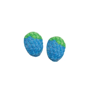 gominolas de frambuesa silvestre rellena de Vidal, con textura granulada de azúcar en colores azul y verde brillante