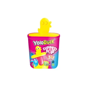 Vasito de gominola interactiva Yolo Duck Dipped Pop 3 en 1 con piruleta de patito amarillo, gel líquido y polvos pica-pica ácidos