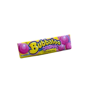 Paquete individual de chicles Bubbaloo The Original sabor Tutti Frutti con envoltorio amarillo y dibujos de pompas rosas