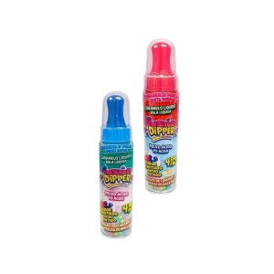 Envases de caramelo interactivo Fusion Dipper 4 en 1 en colores azul y rosa con polvo ácido, caramelo líquido y perlas de dulce.