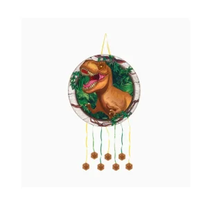 Piñata circular de fiesta con dibujo de dinosaurio T-Rex, cintas colgantes verdes y amarillas con huellas y bolsa interior de gran capacidad