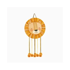 Piñata redonda de gran tamaño con forma y cara de león infantil en colores amarillo y naranja.